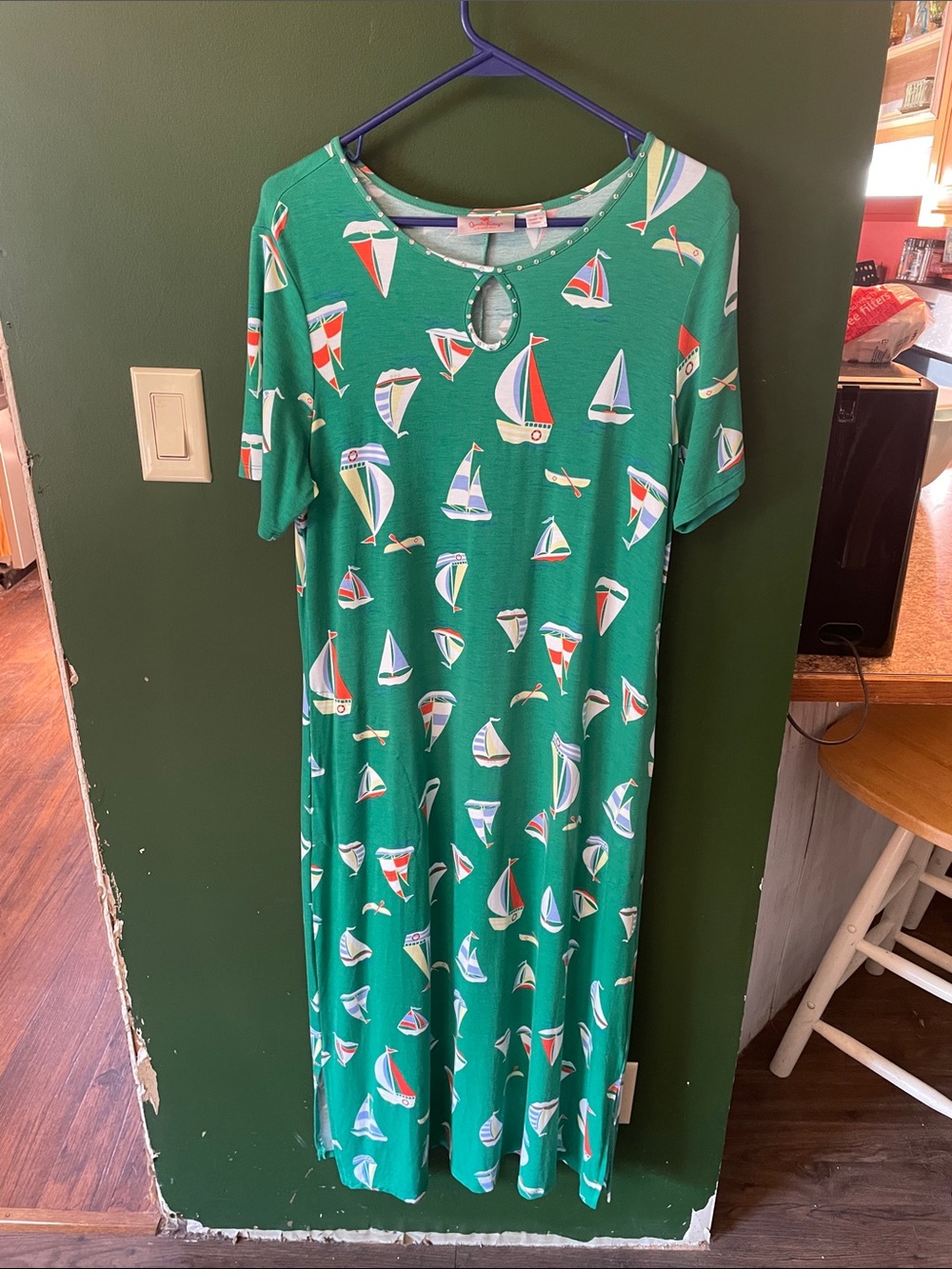 Quacker Factory Green Sailboat Print Casual Dress Size Small Full Length 48in